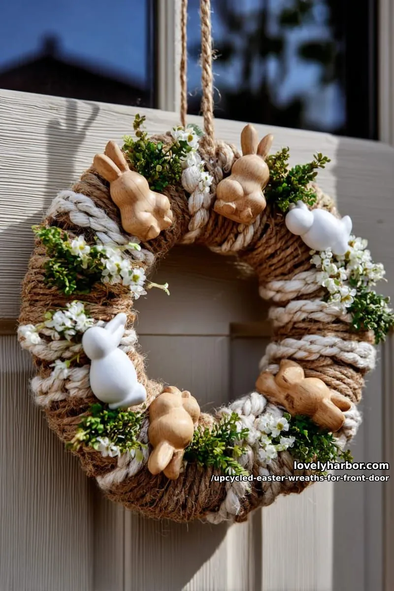 15 Upcycled Easter Wreaths For Front Door That Bring Colorful Spring Vibes 22 farmhouse wreath with leftover jute rope, twine, and wooden bunny cutouts 1