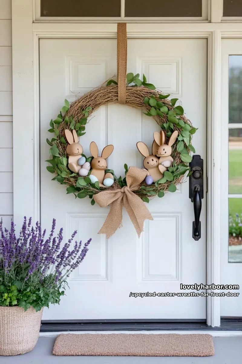 15 Upcycled Easter Wreaths For Front Door That Bring Colorful Spring Vibes 23 farmhouse wreath with leftover jute rope, twine, and wooden bunny cutouts 1