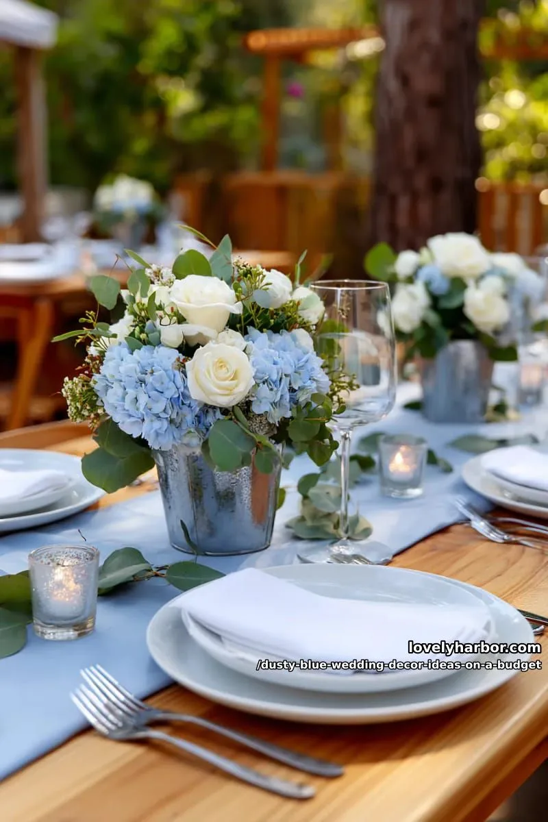 faux blue hydrangeas and white roses in galvanized buckets 1