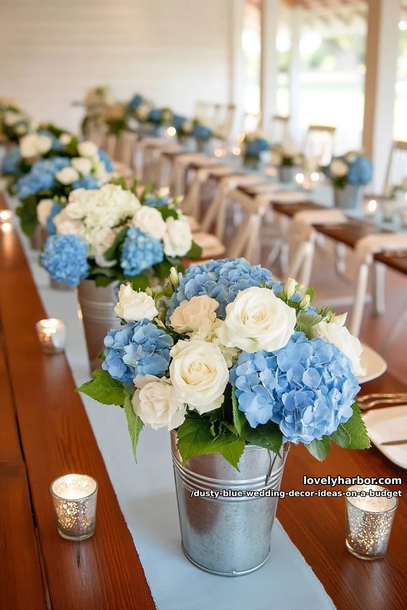 faux blue hydrangeas and white roses in galvanized buckets 1