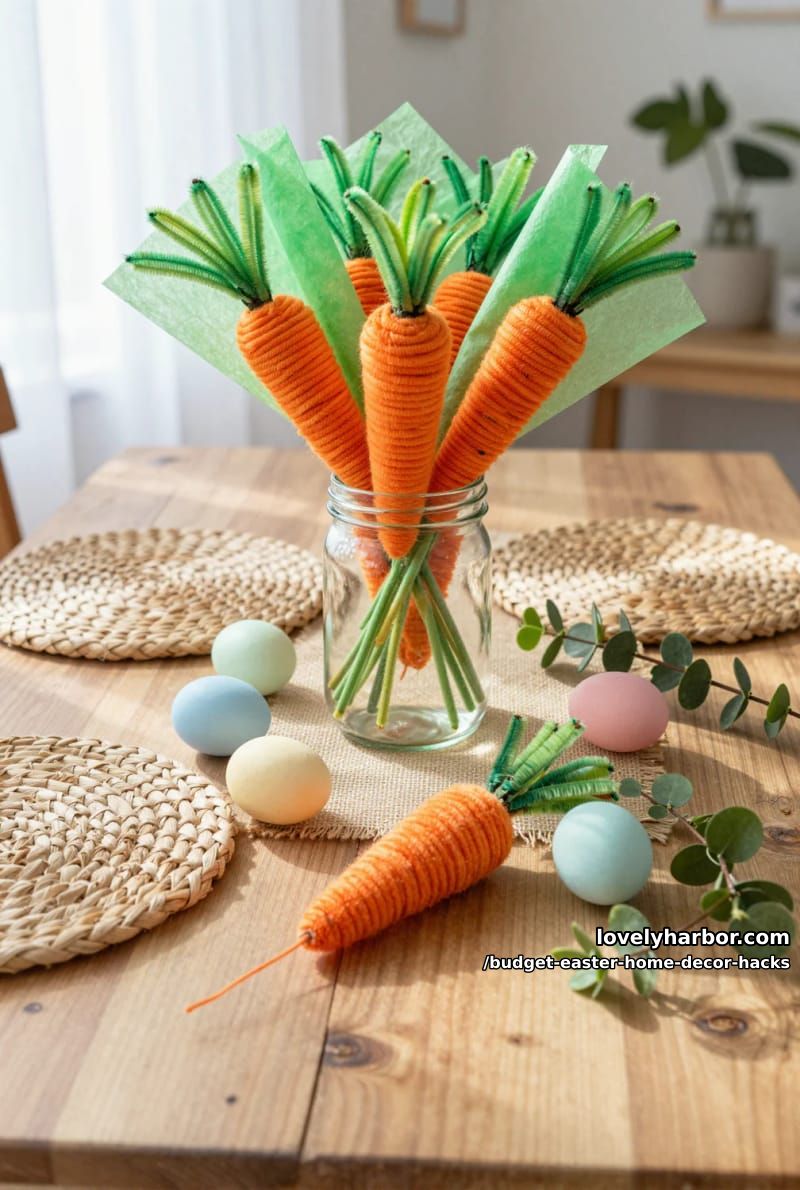 faux carrot bouquet centerpiece using orange yarn and green tissue paper 1