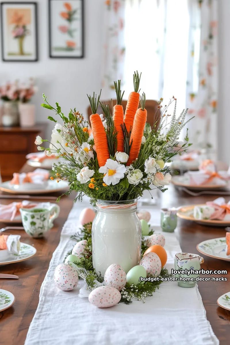faux carrot bouquet centerpiece using orange yarn and green tissue paper 1