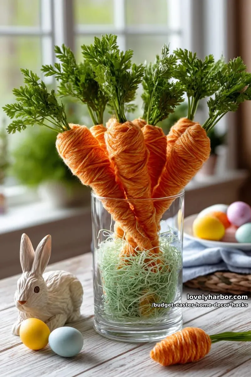 faux carrot bouquet centerpiece using orange yarn and green tissue paper 1