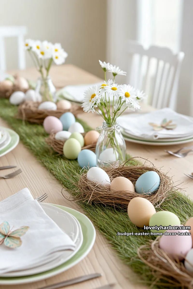 faux grass runner with miniature egg nests for your dining table 1