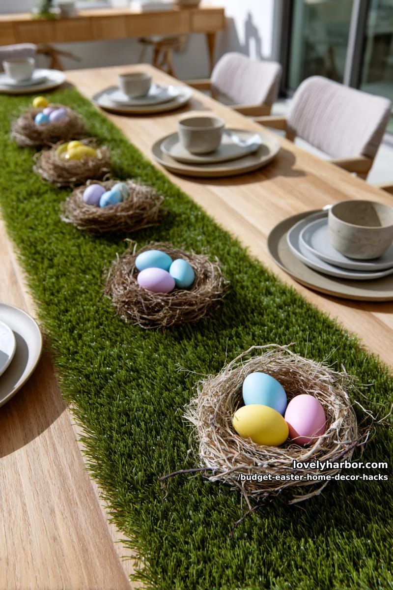 faux grass runner with miniature egg nests for your dining table 1