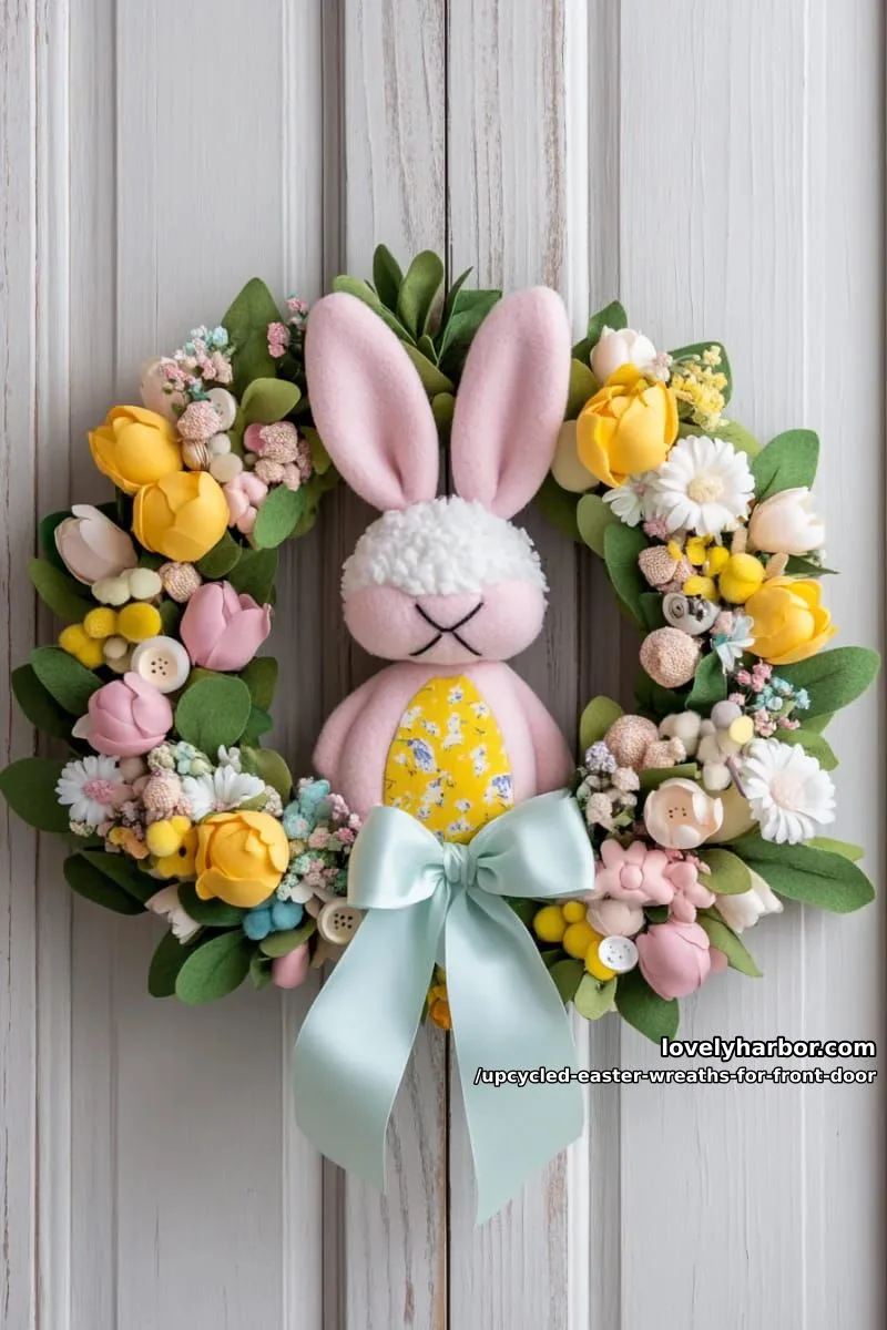 15 Upcycled Easter Wreaths For Front Door That Bring Colorful Spring Vibes 33 felt bunny wreath with ears made from leftover pillow stuffing and fabric 1