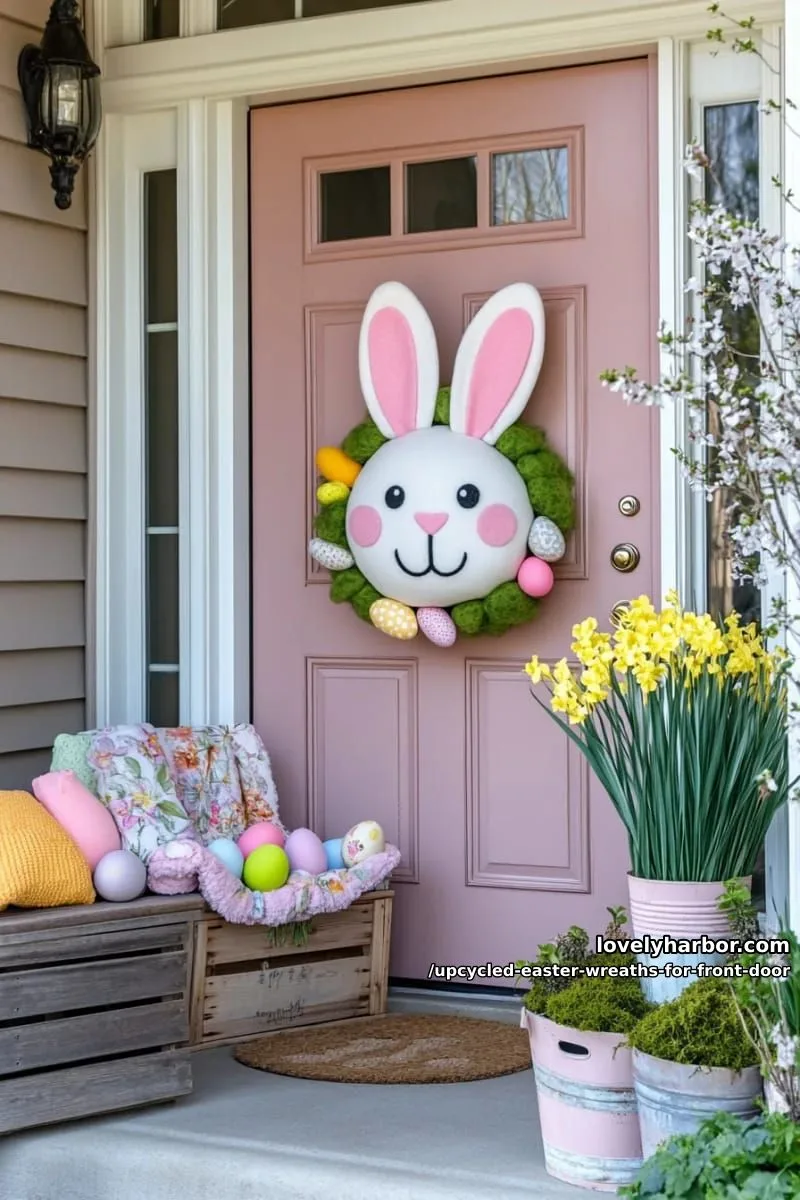 15 Upcycled Easter Wreaths For Front Door That Bring Colorful Spring Vibes 34 felt bunny wreath with ears made from leftover pillow stuffing and fabric 1