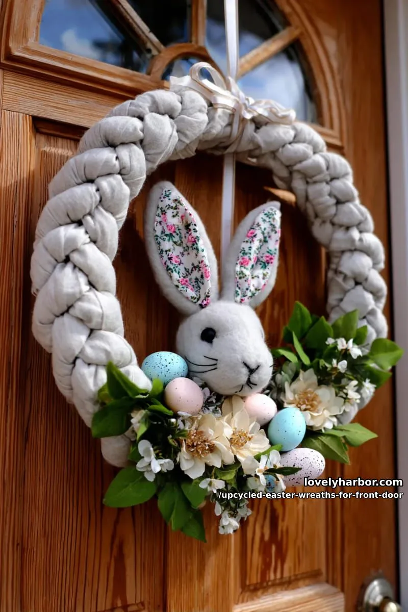 15 Upcycled Easter Wreaths For Front Door That Bring Colorful Spring Vibes 35 felt bunny wreath with ears made from leftover pillow stuffing and fabric 1