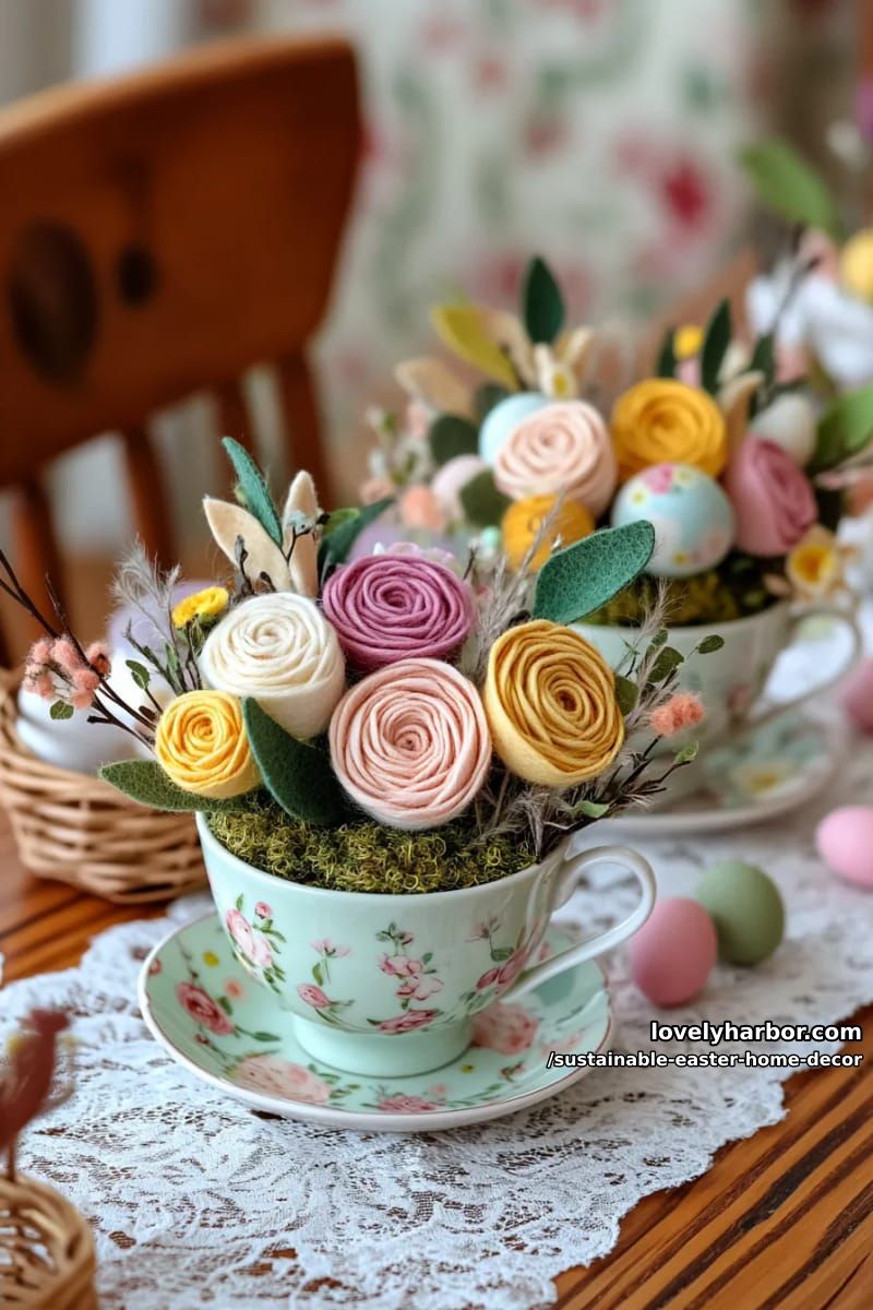felt flower bouquet in vintage teacups for a cottagecore vibe 1