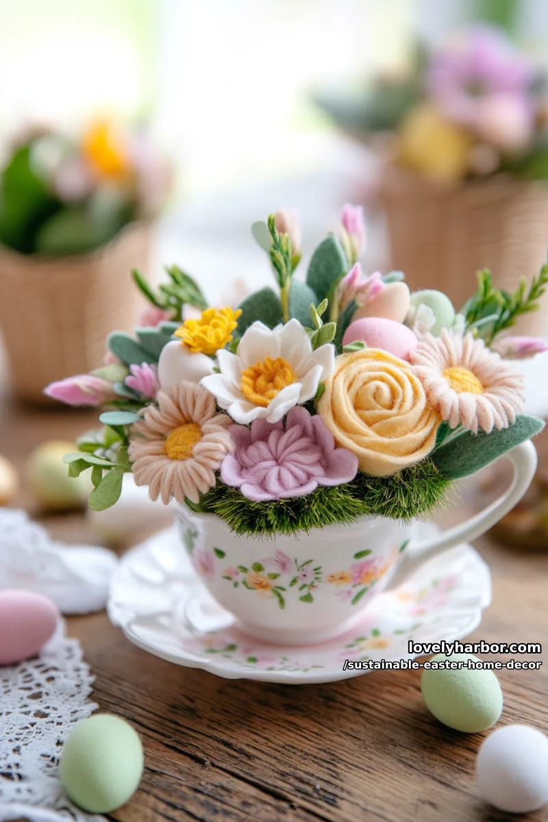 felt flower bouquet in vintage teacups for a cottagecore vibe 1