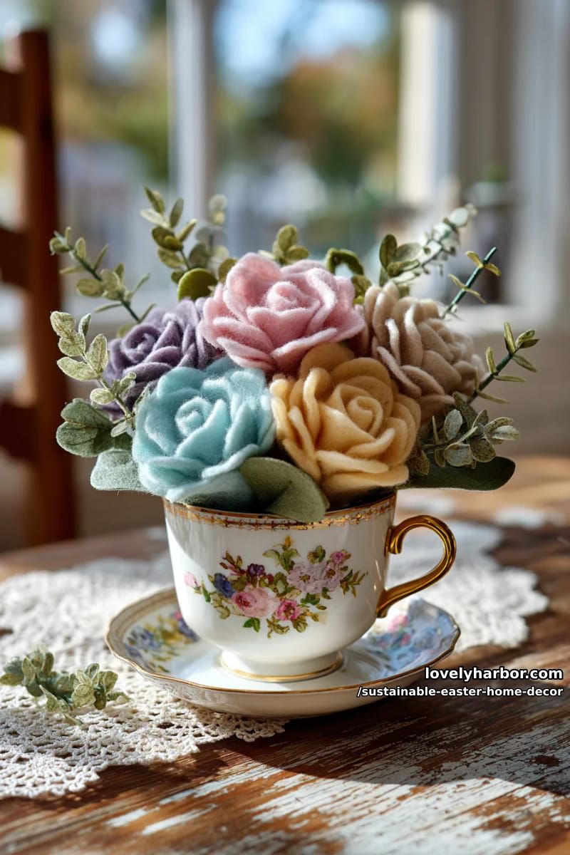 felt flower bouquet in vintage teacups for a cottagecore vibe 1