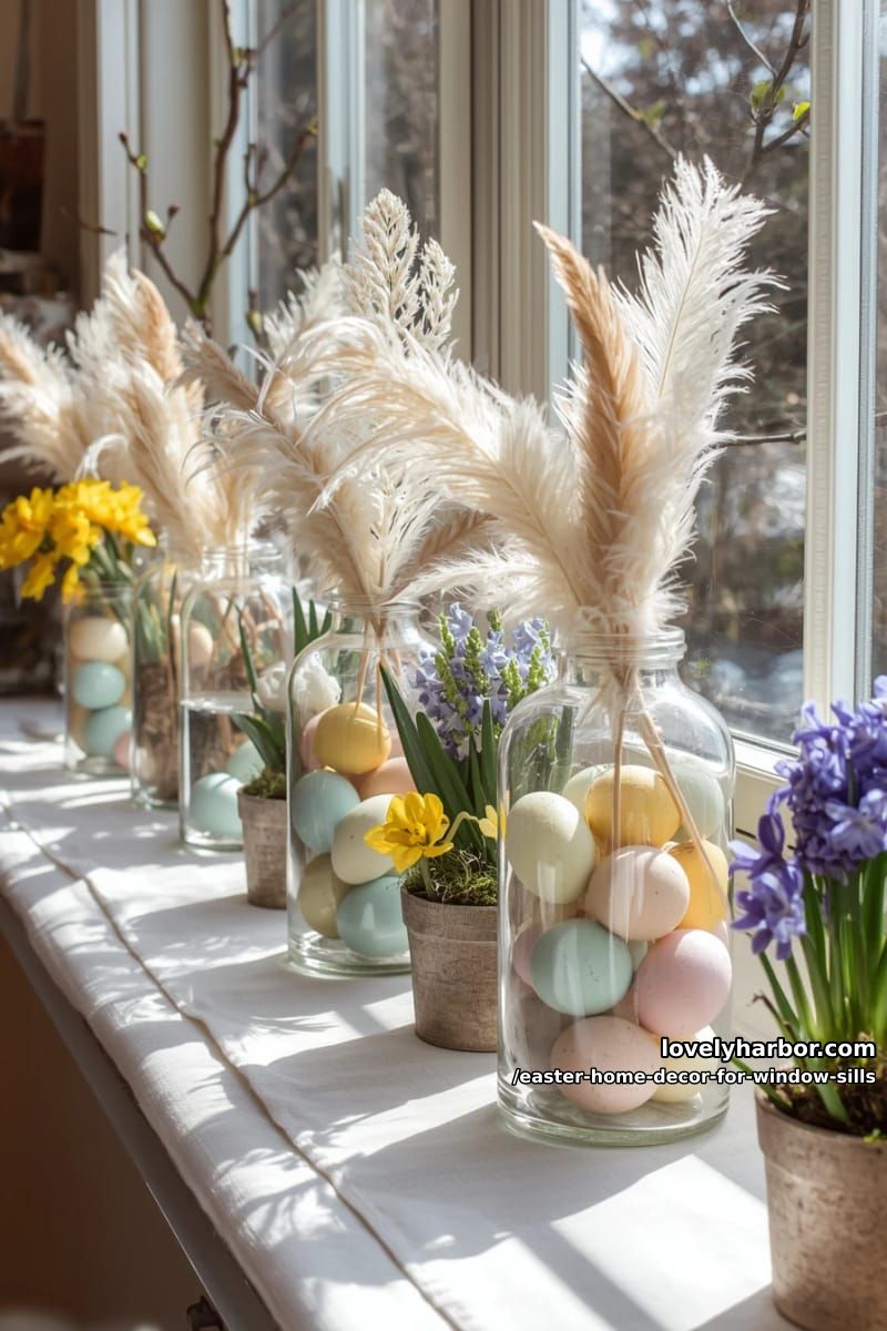 fill apothecary jars with colorful dyed eggs and feather accents. 1