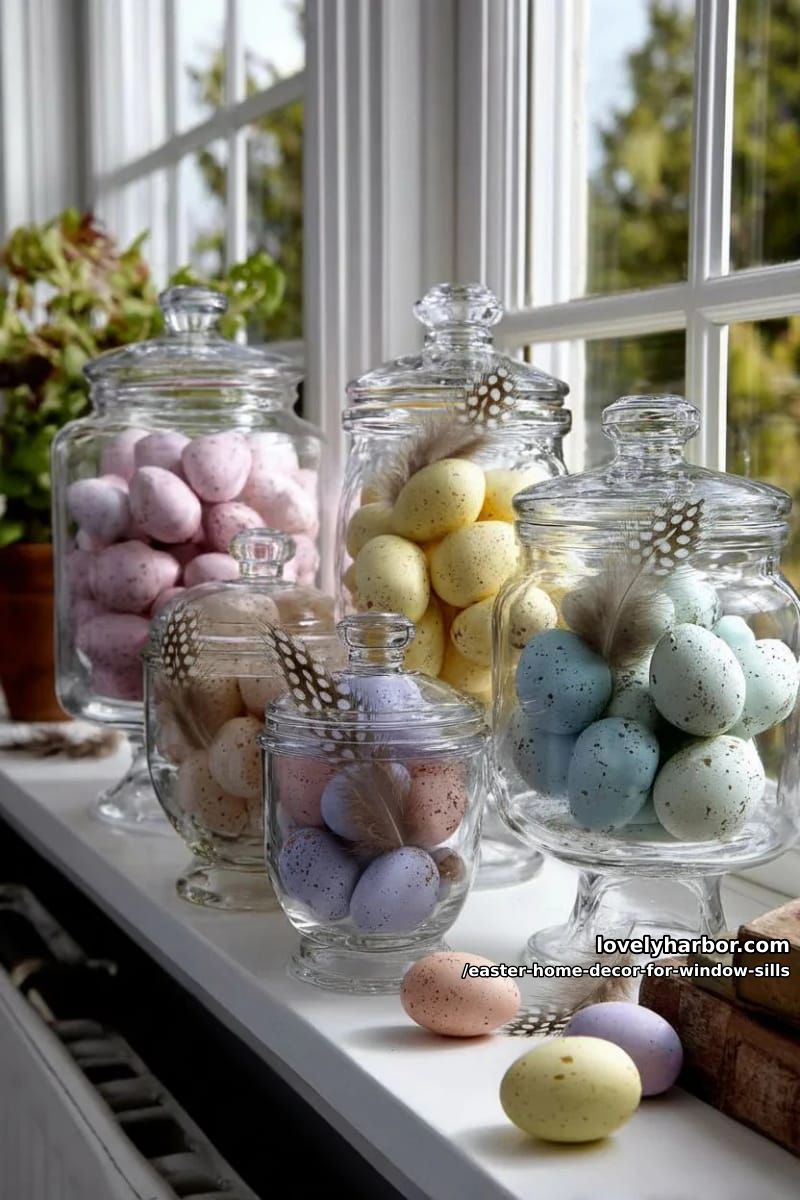 fill apothecary jars with colorful dyed eggs and feather accents. 1