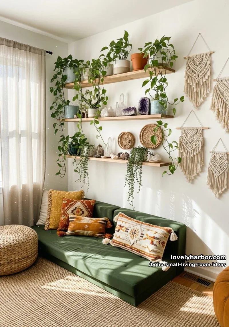 15 Boho Small Living Rooms Ideas That Turn Tiny Spaces Into Cozy Sanctuaries 6 fill floating shelves with plants, crystals, and small rattan accents. 1
