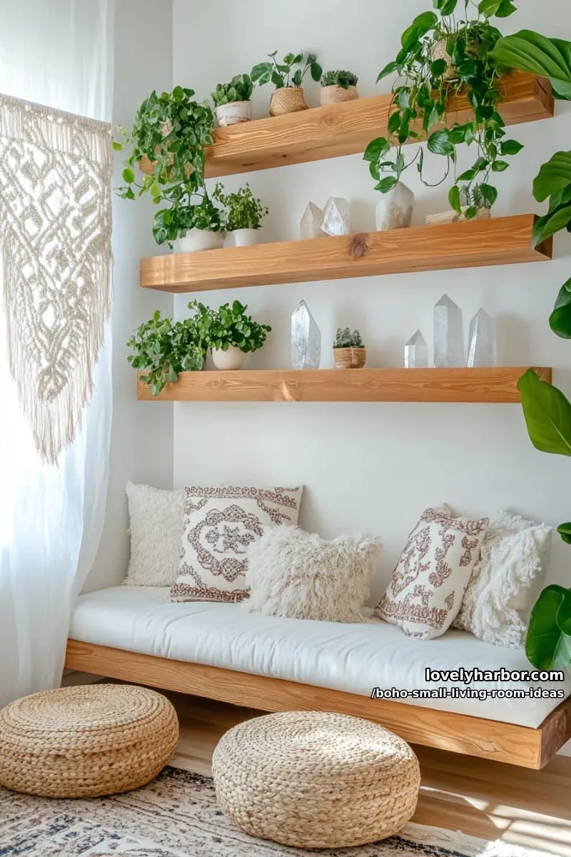 15 Boho Small Living Rooms Ideas That Turn Tiny Spaces Into Cozy Sanctuaries 7 fill floating shelves with plants, crystals, and small rattan accents. 1