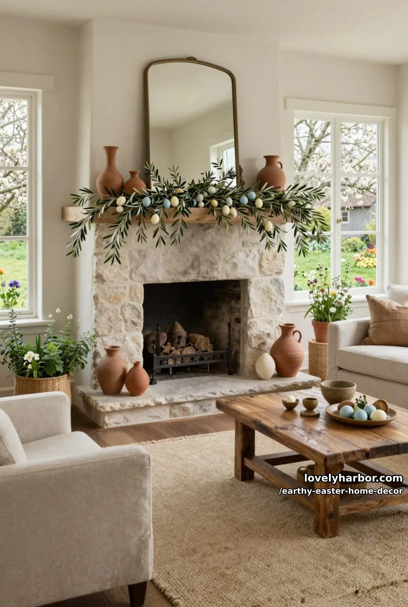 15 Earthy Easter Home Decor For A Nature-Friendly Seasonal Touch 32 fireplace mantel dressed in olive branches and speckled egg clusters 1