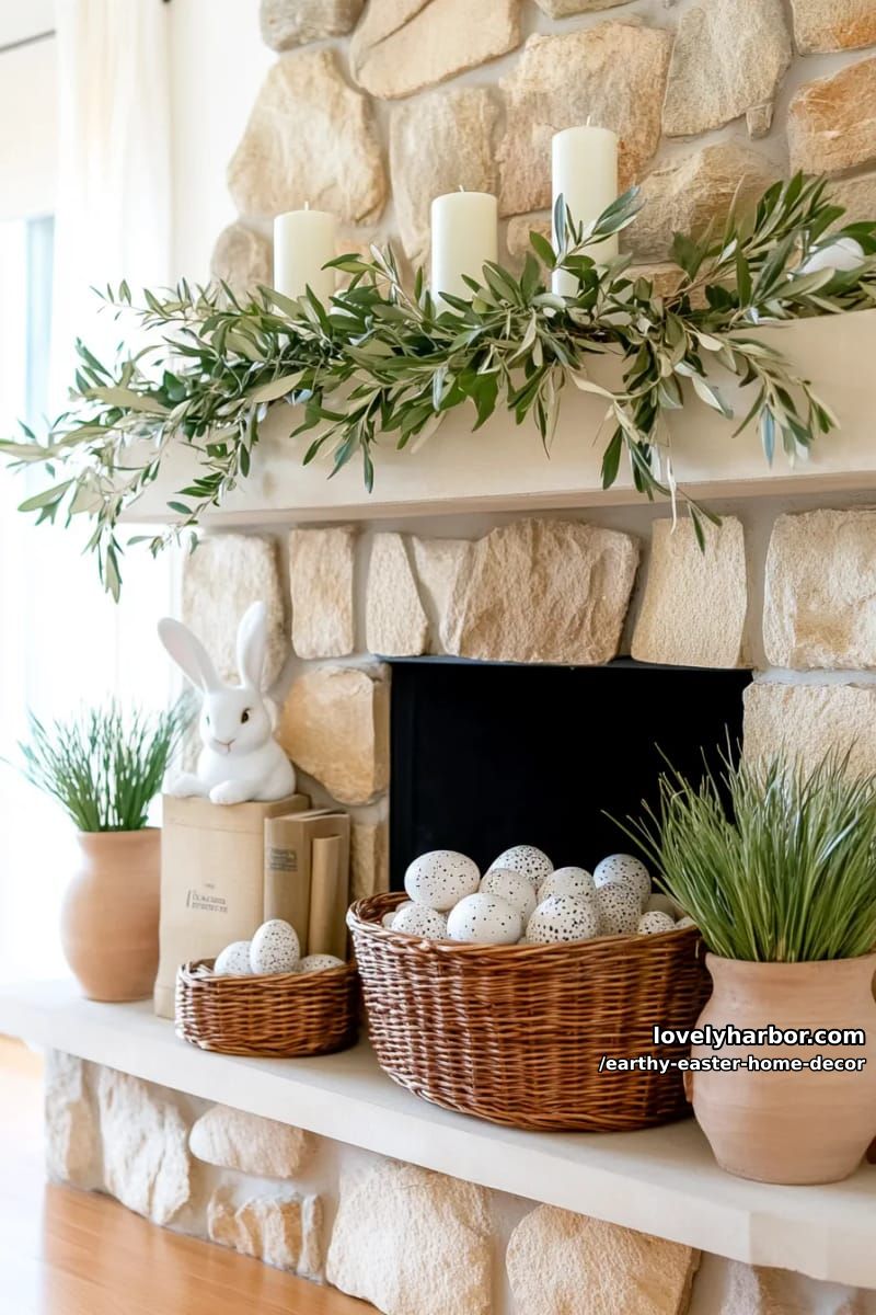 fireplace mantel dressed in olive branches and speckled egg clusters 1