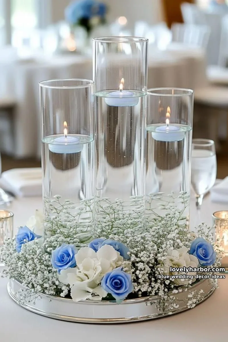 floating blue candles in cylindrical glass vases with baby’s breath 1