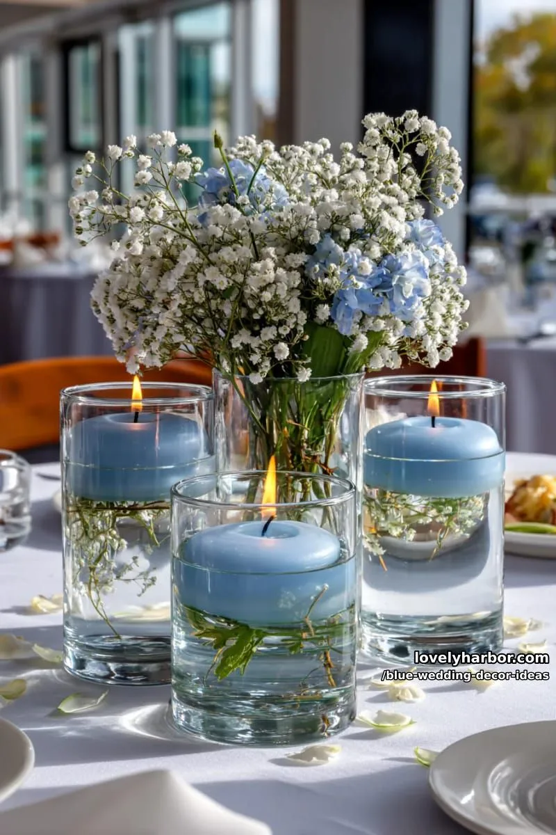 floating blue candles in cylindrical glass vases with baby’s breath 1