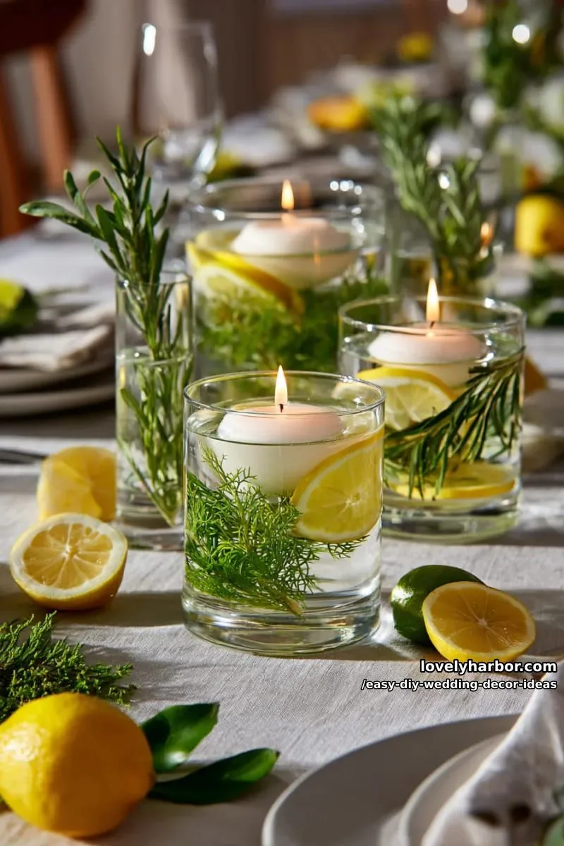 15 Easy DIY Wedding Decor Ideas for a Chic Wedding Set 14 floating candle centerpieces with greenery and citrus slices in glass vases 1
