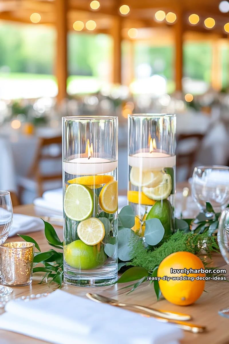 floating candle centerpieces with greenery and citrus slices in glass vases 1
