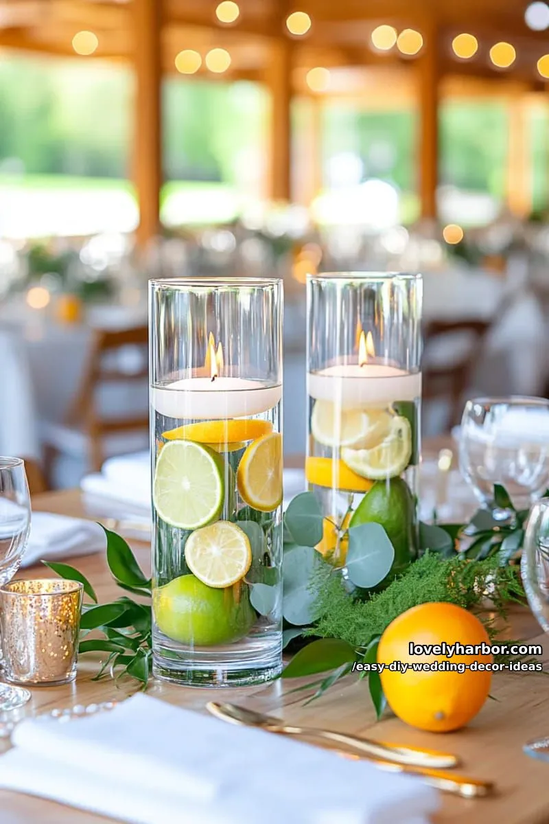 15 Easy DIY Wedding Decor Ideas for a Chic Wedding Set 15 floating candle centerpieces with greenery and citrus slices in glass vases 1