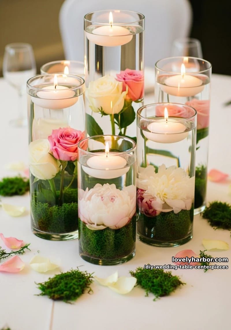 floating candles and flowers in glass cylinders with moss accents 1