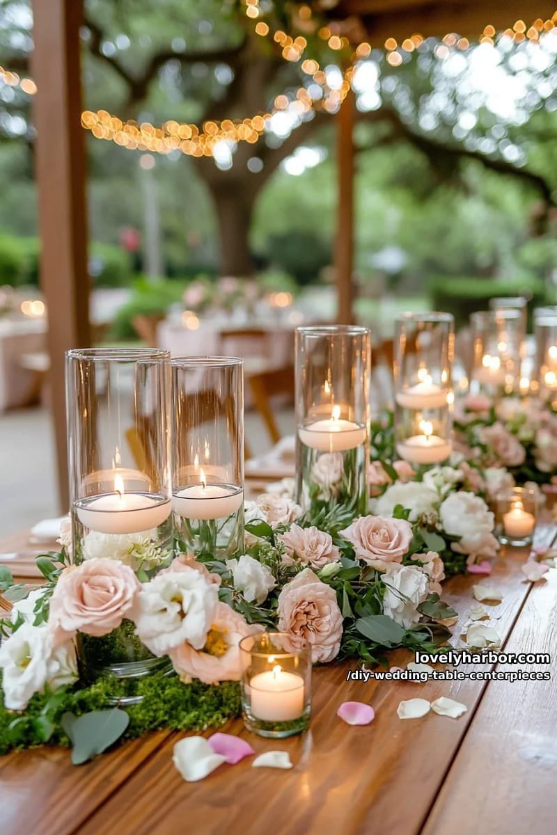 floating candles and flowers in glass cylinders with moss accents 1