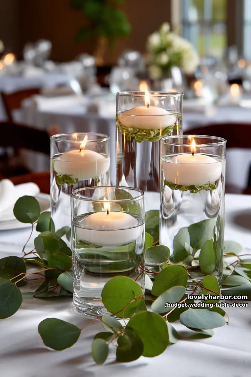 floating candles in clear dollar tree vases with eucalyptus leaves scattered 1
