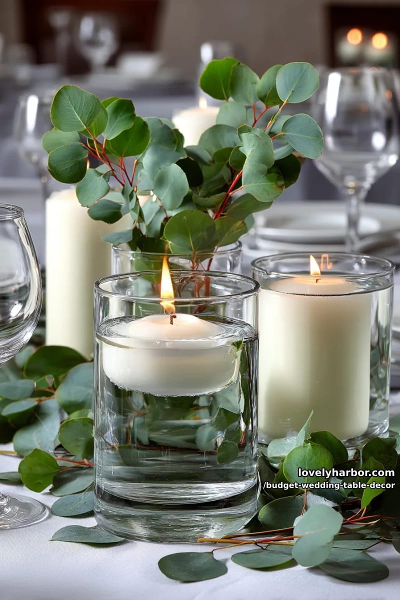 floating candles in clear dollar tree vases with eucalyptus leaves scattered 1