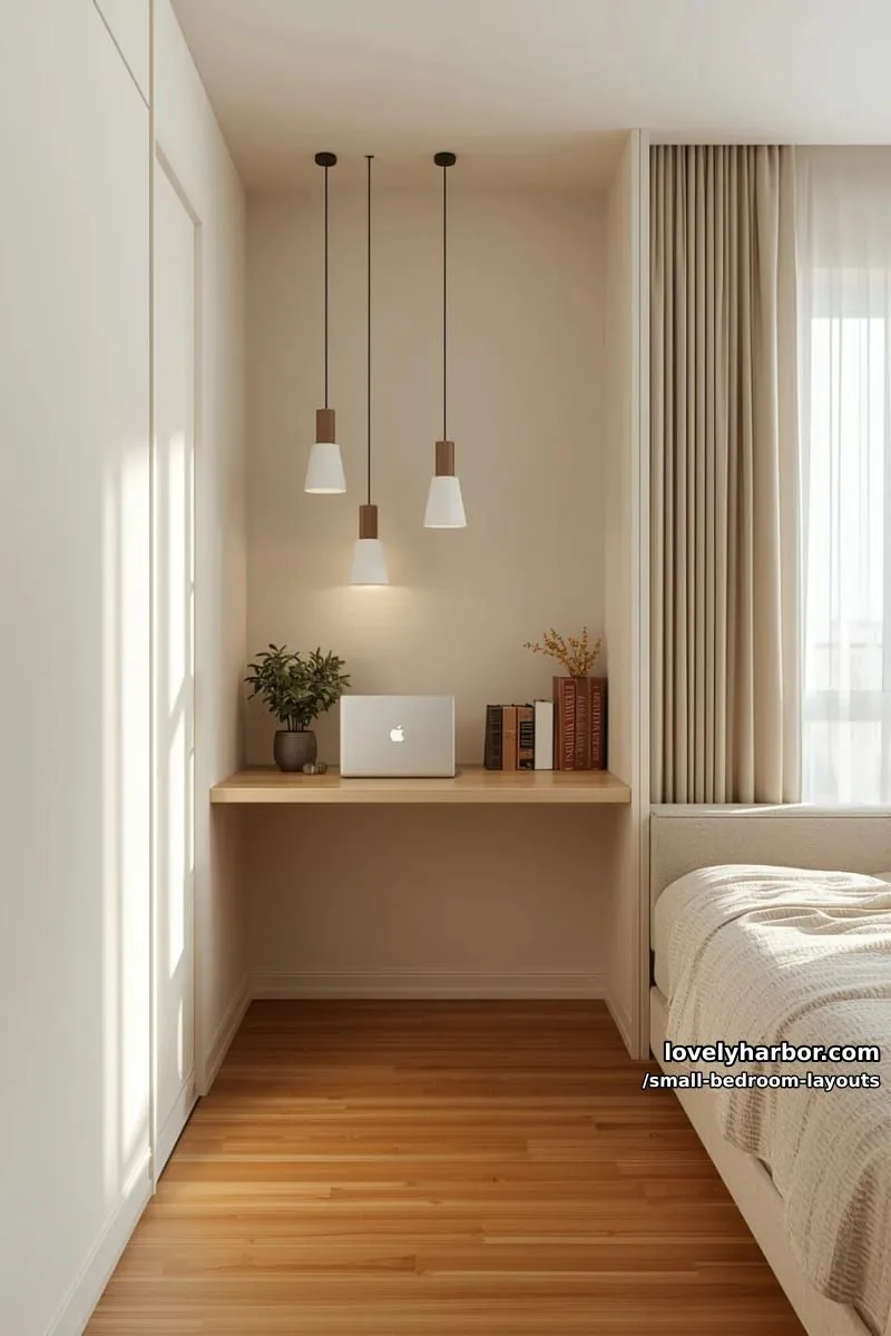 floating corner desk under a trio of minimal pendant lights 1