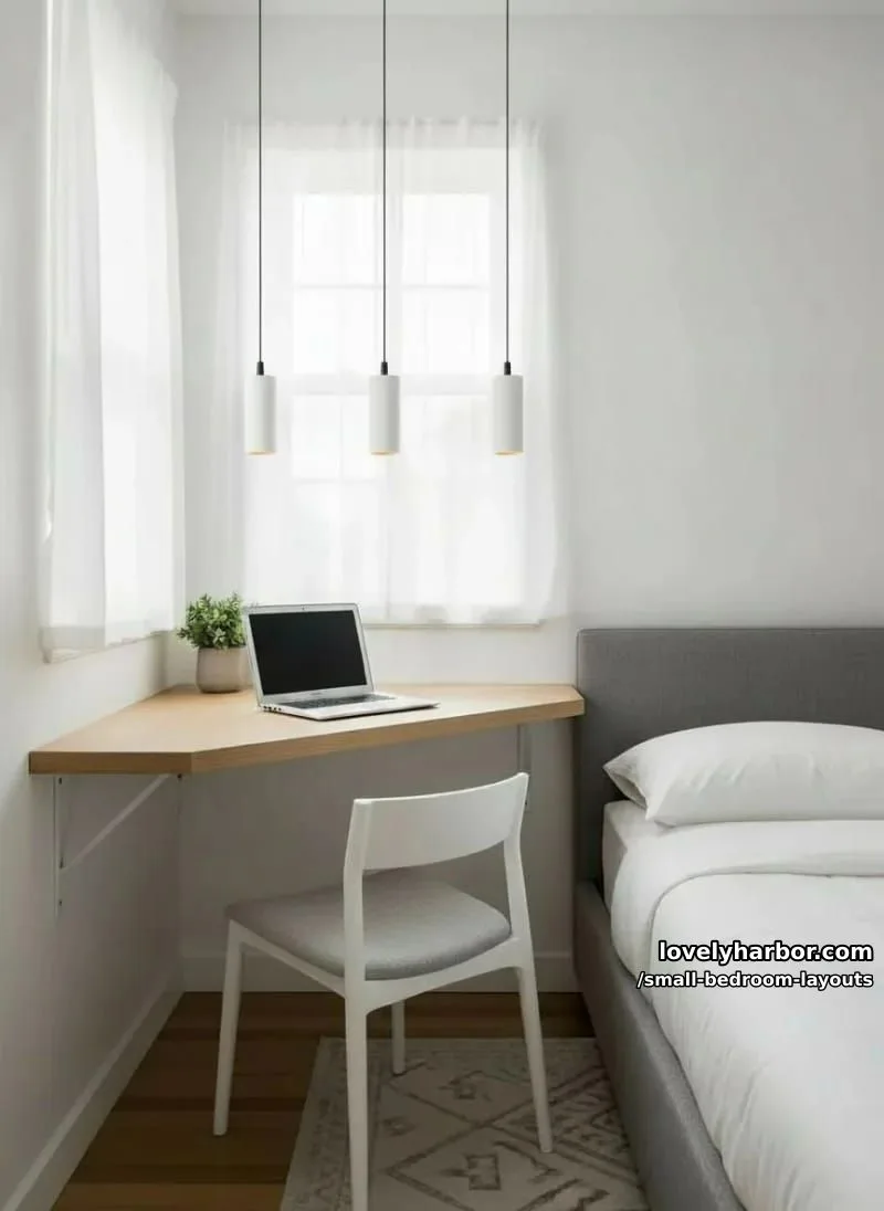 floating corner desk under a trio of minimal pendant lights 1