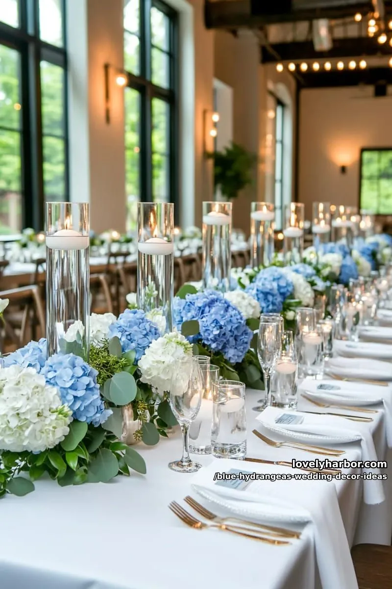 floating glass candle vases paired with blue hydrangea clusters 1