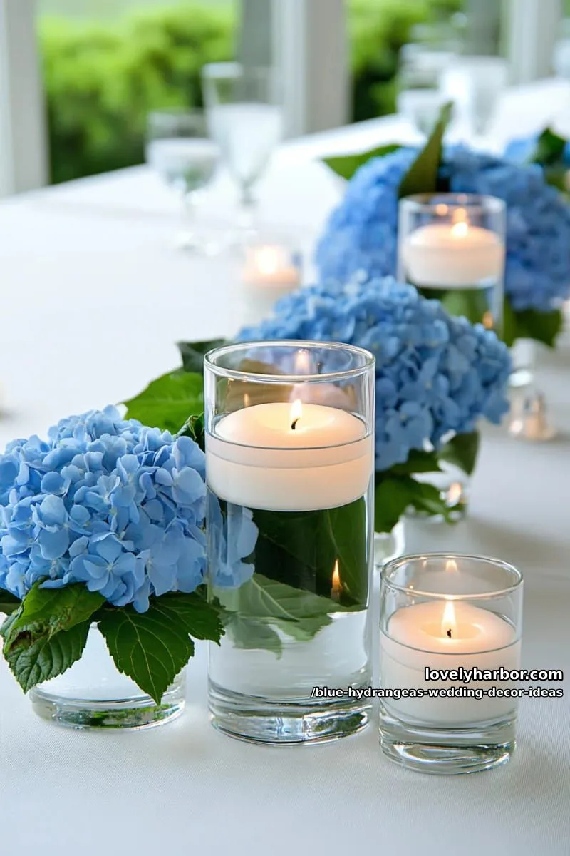 floating glass candle vases paired with blue hydrangea clusters 1