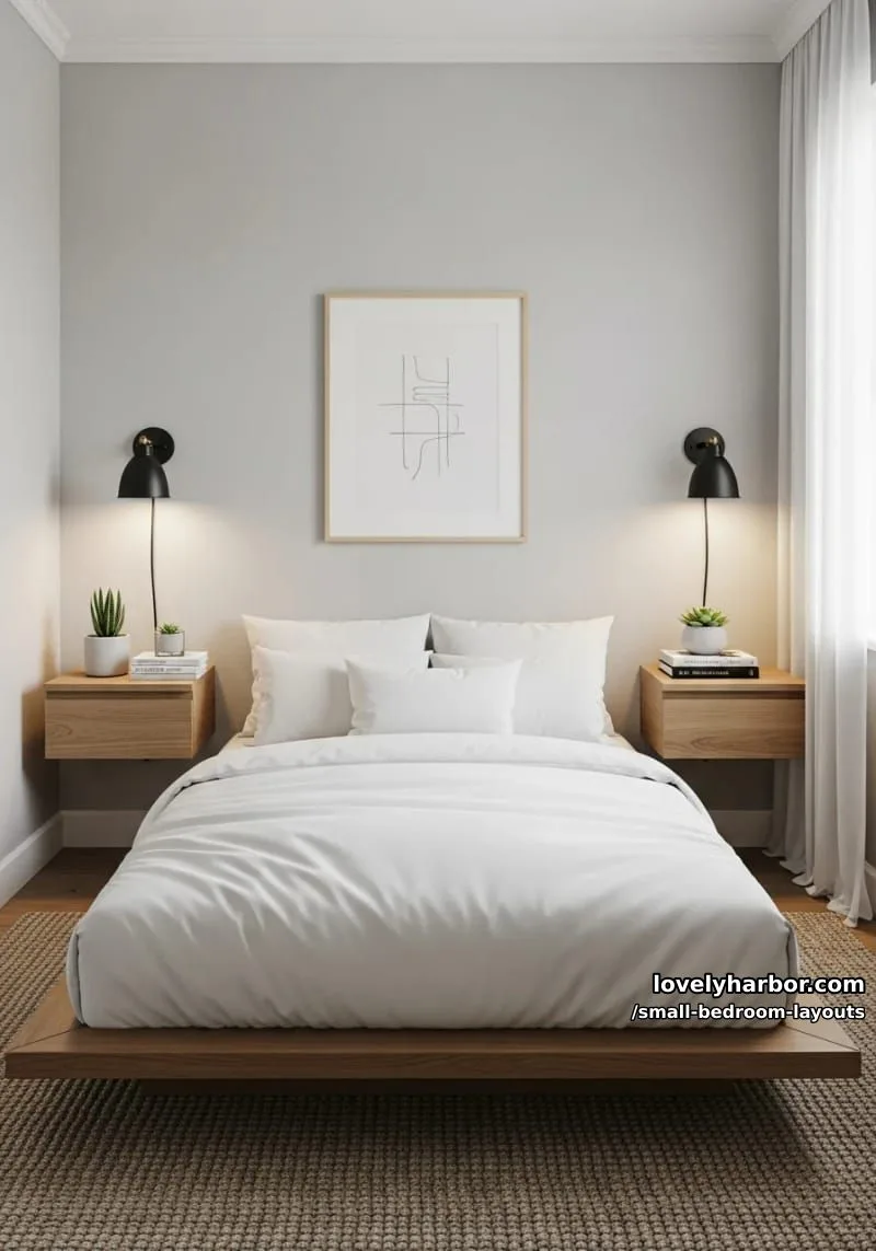 floating nightstands paired with wall-mounted sconces for a dreamy minimal look 1