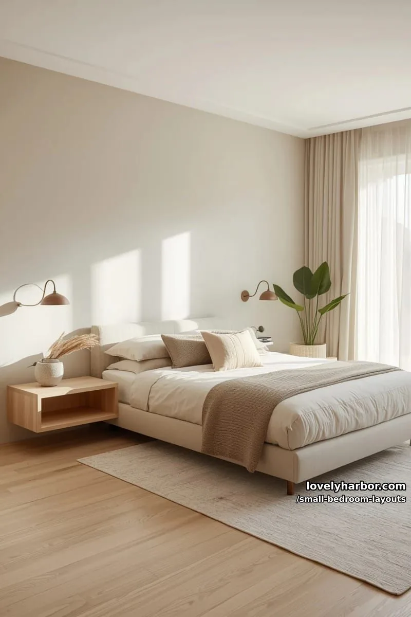 floating nightstands paired with wall-mounted sconces for a dreamy minimal look 1