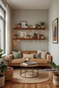 floating shelves above sofa paired with warm fairy lights for vertical storage 2