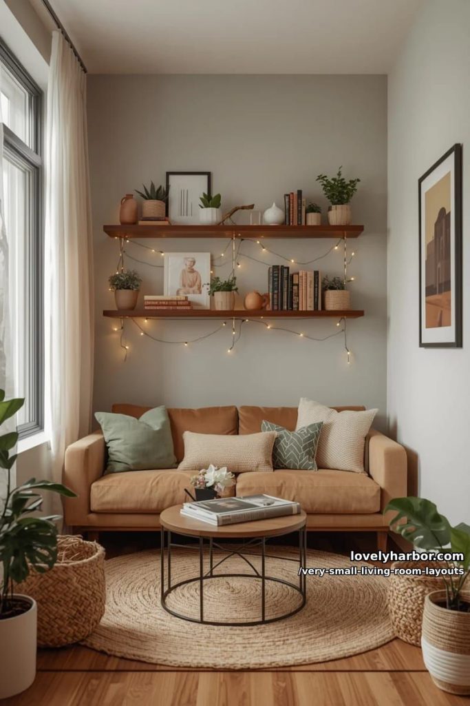 Apartment 8 floating shelves above sofa paired with warm fairy lights for vertical storage 2