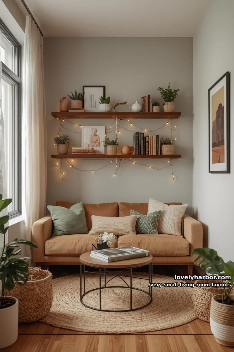 floating shelves above sofa paired with warm fairy lights for vertical storage 1