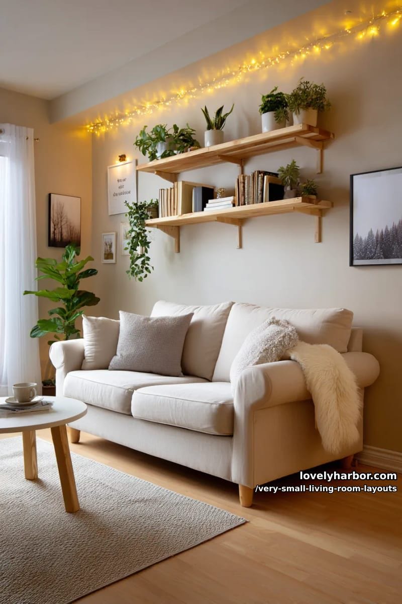 floating shelves above sofa paired with warm fairy lights for vertical storage 1