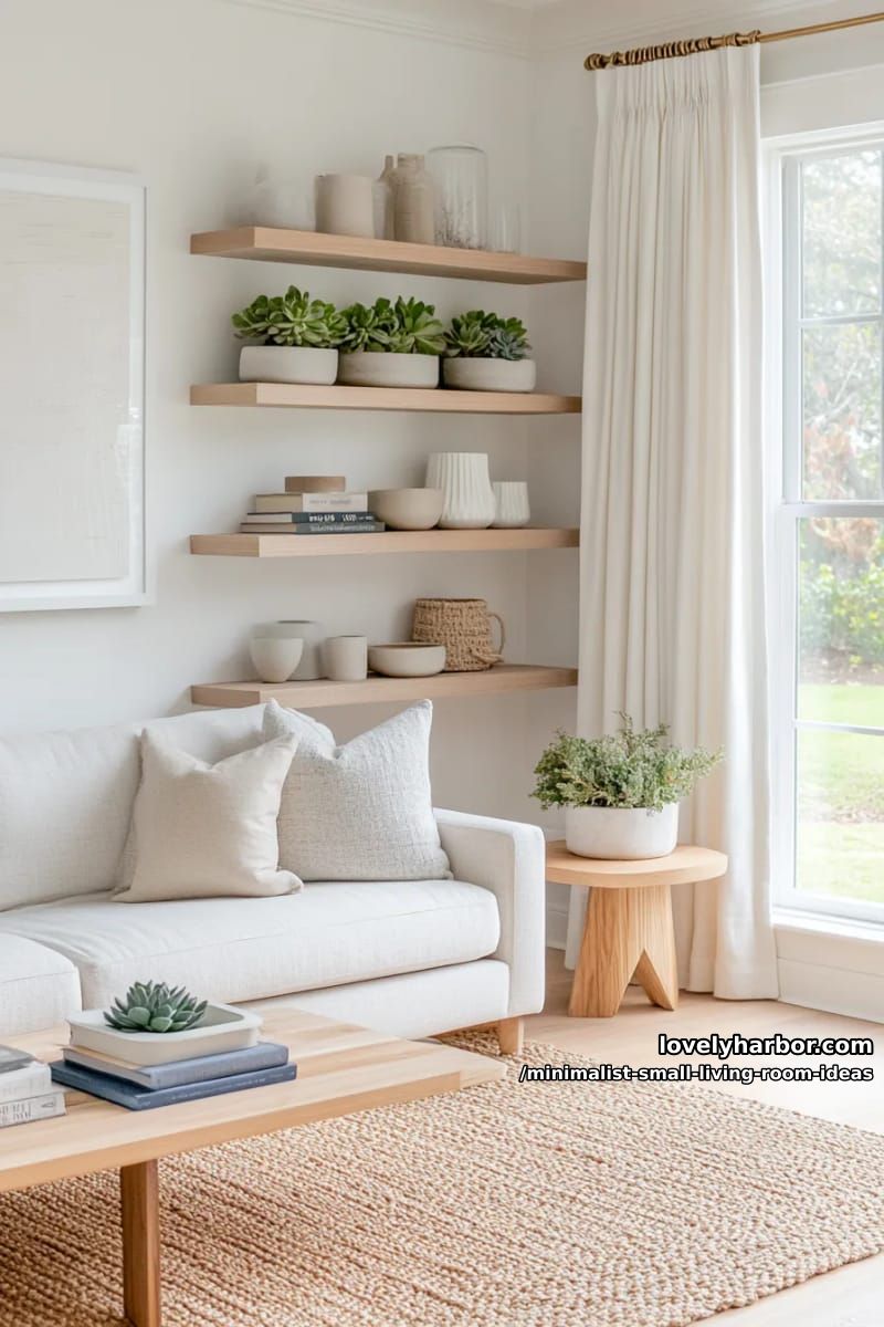 floating wall shelves with curated ceramics and tiny potted succulents 1