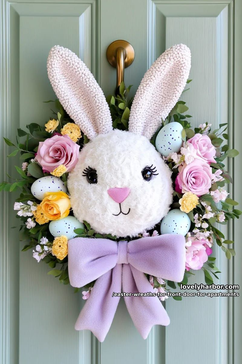 flocked bunny head wreath with pastel florals and a velvet bow 1