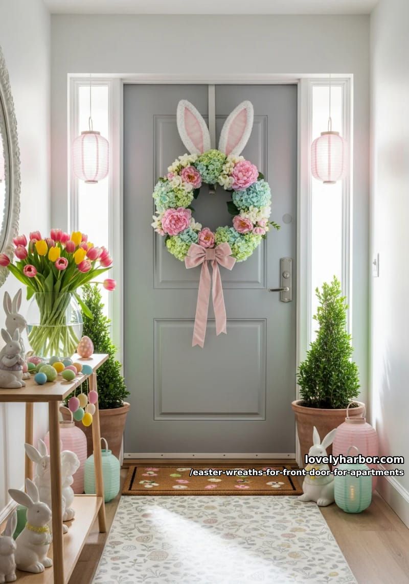 flocked bunny head wreath with pastel florals and a velvet bow 1
