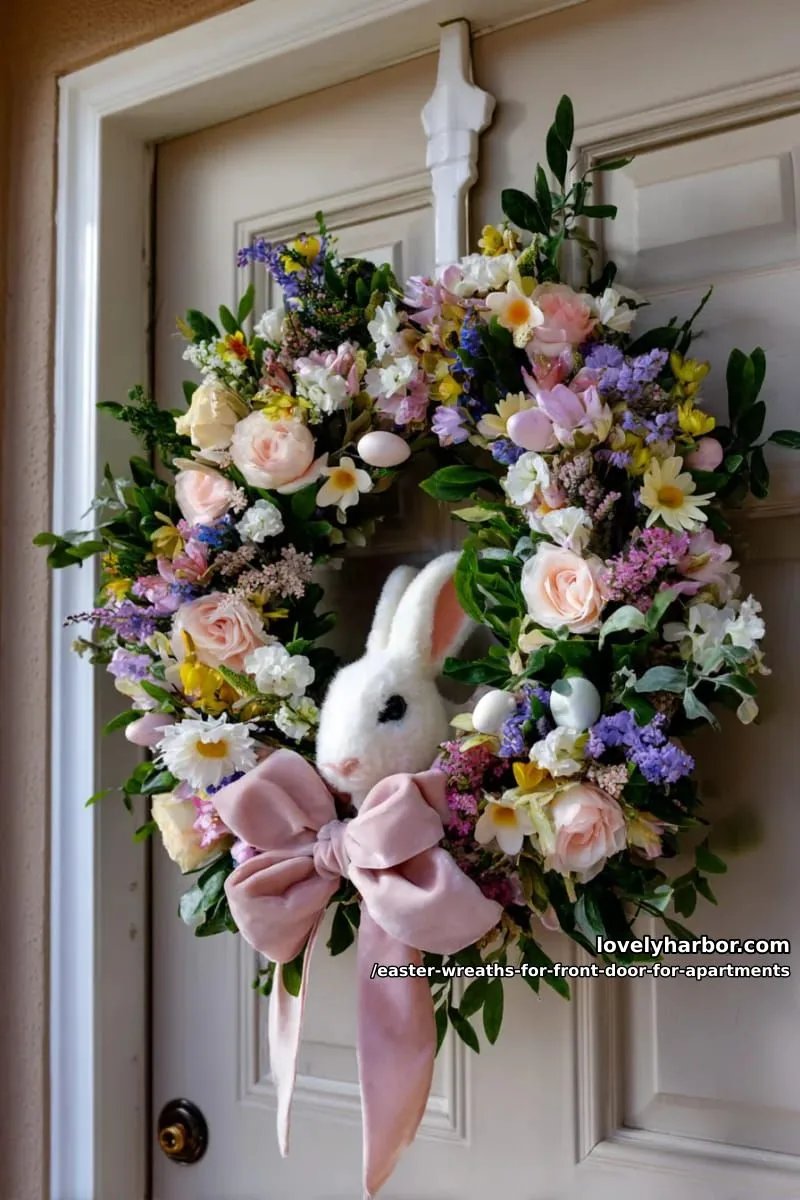 flocked bunny head wreath with pastel florals and a velvet bow 1