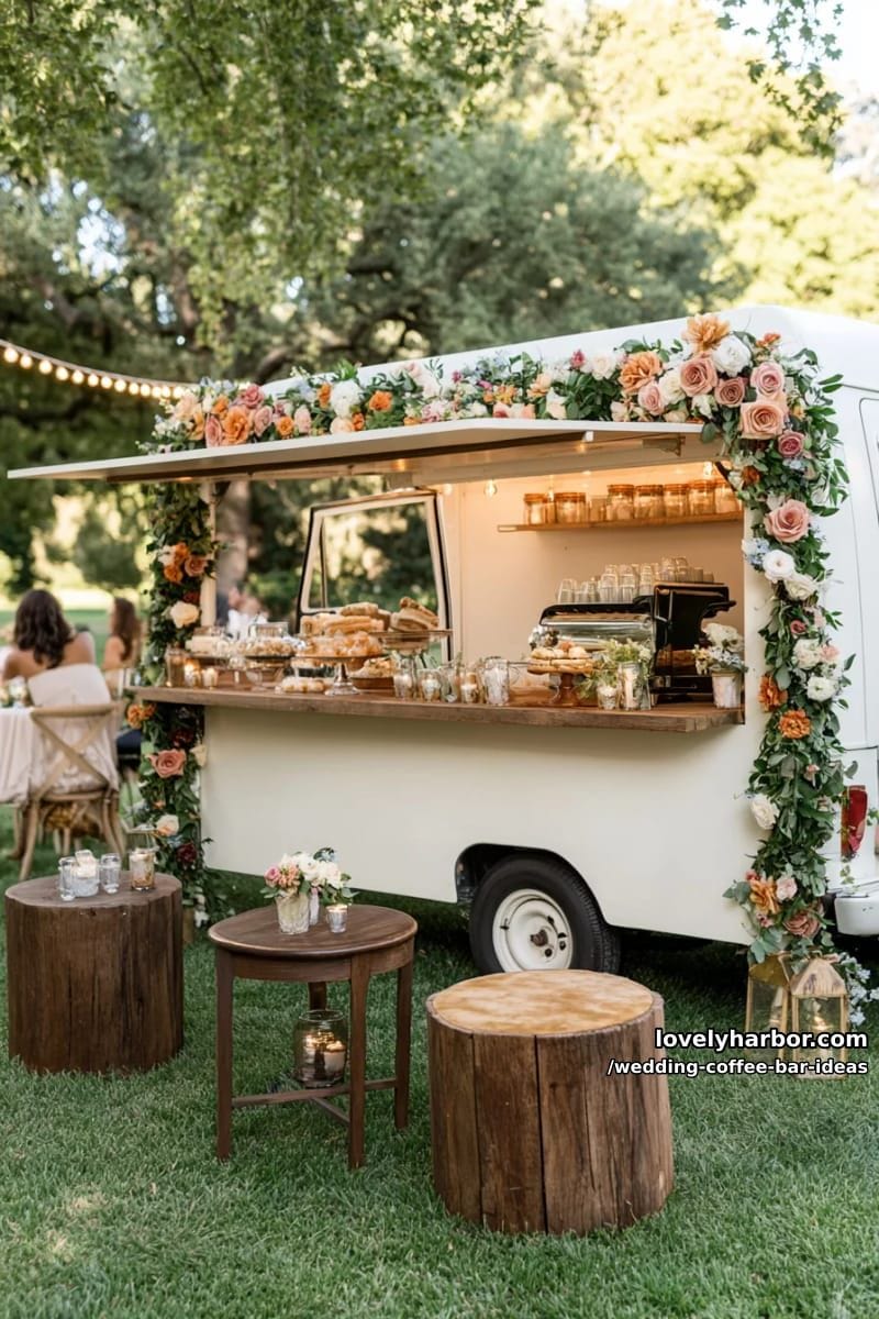 floral-decorated mobile coffee van parked under string lights outdoors 1