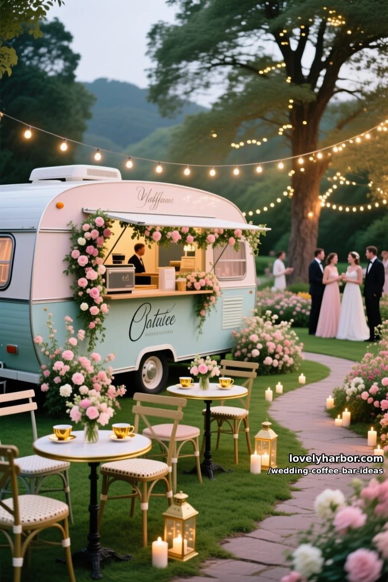 floral-decorated mobile coffee van parked under string lights outdoors 1