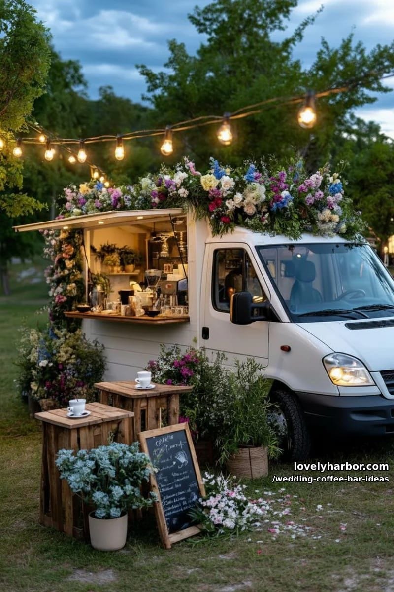 floral-decorated mobile coffee van parked under string lights outdoors 1