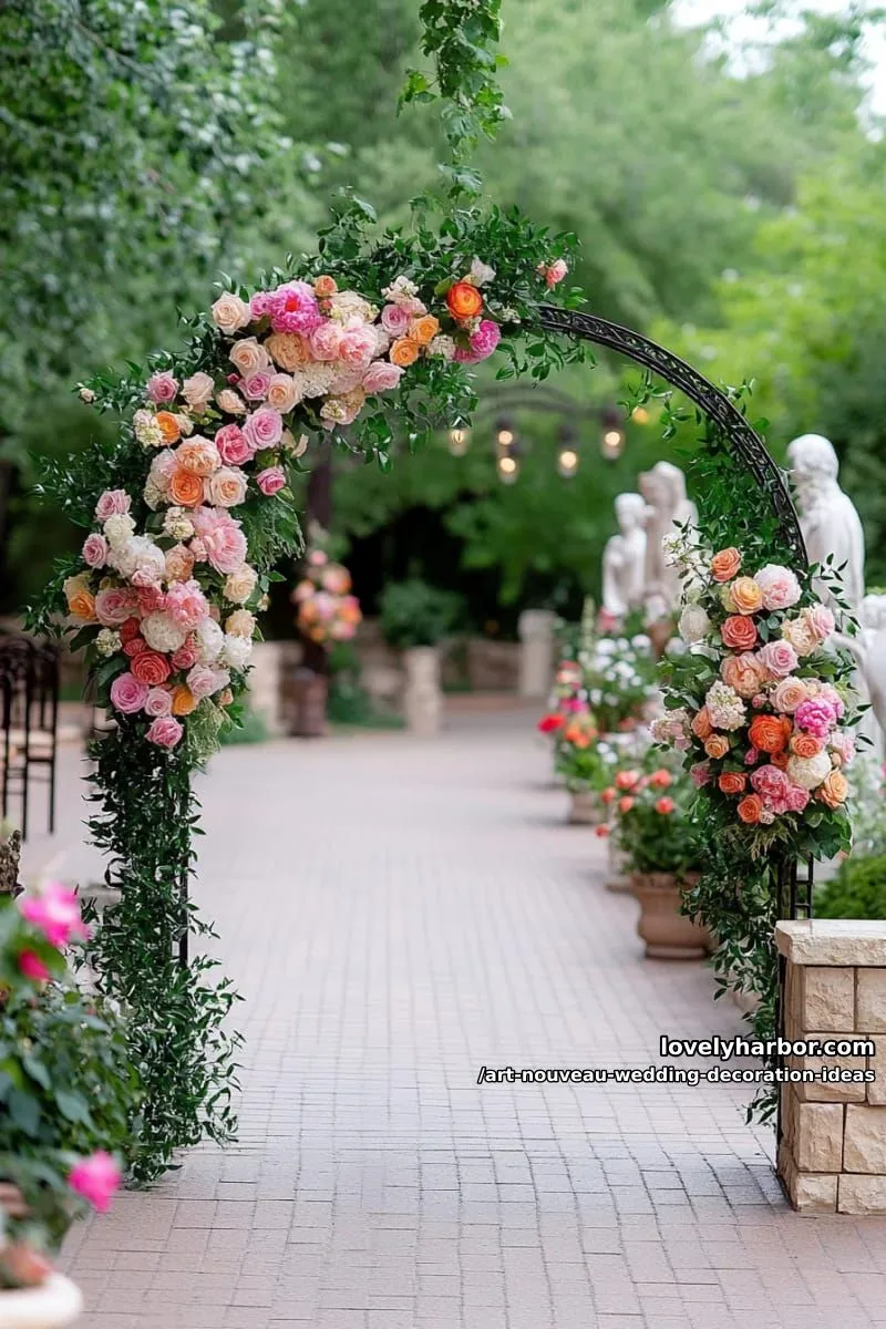 floral-embellished archways for dramatic garden ceremony entrances 1