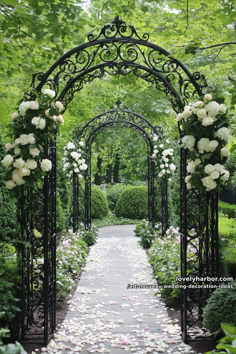 floral-embellished archways for dramatic garden ceremony entrances 1