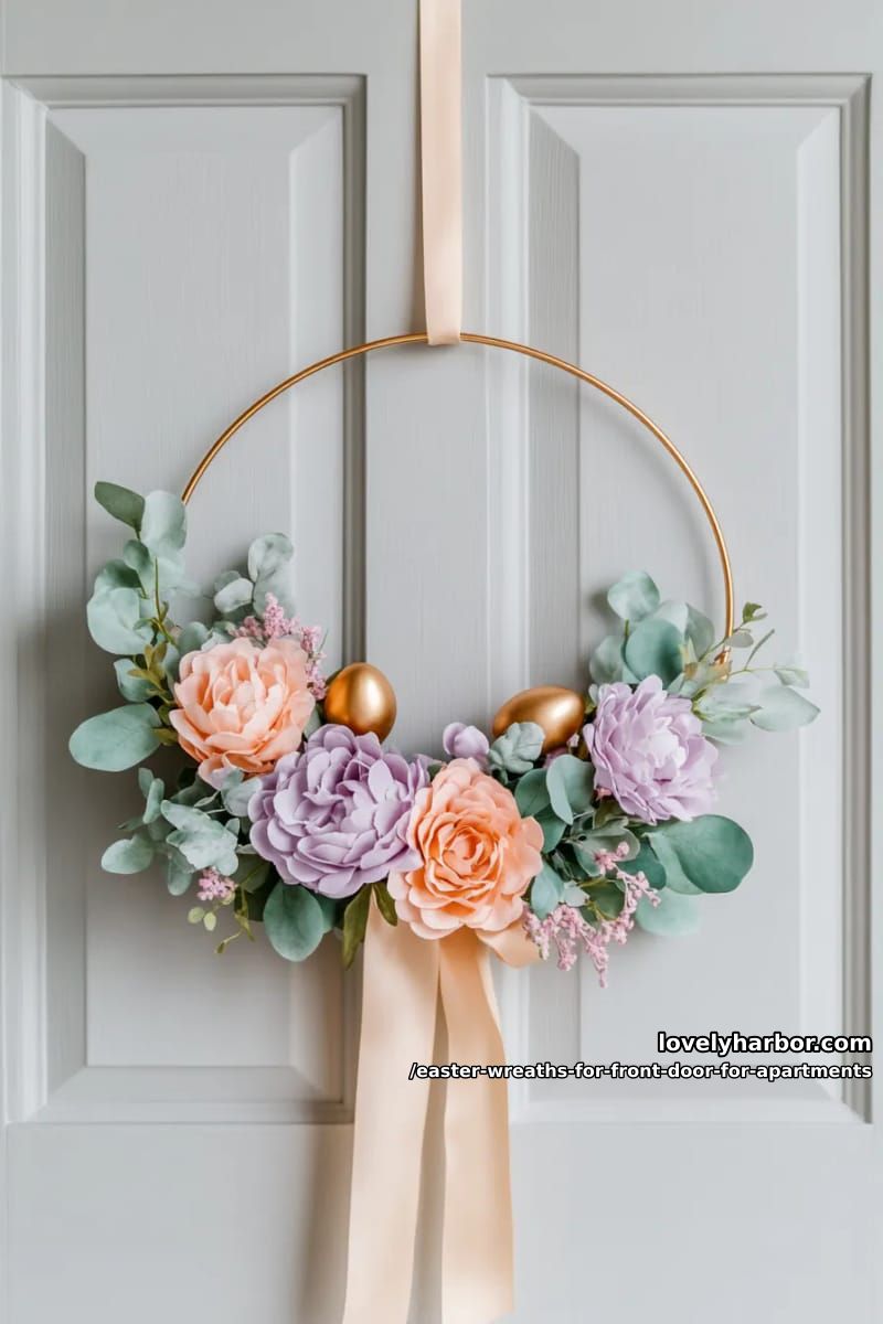 floral hoop wreath with watercolor-style faux flowers and gold eggs 1